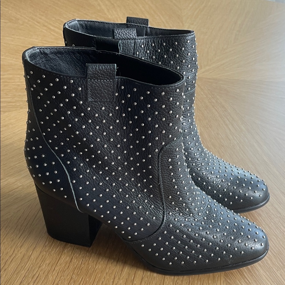 Rebecca Minkoff Black Studded Ankle Booties Leather 8 High Heel 3 inches Low Cut